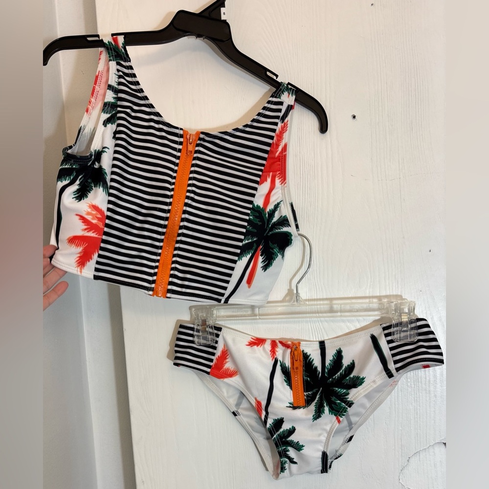 C Apparel Stripe &Palm Leaf Design Front Zip Bikini Bathing Suit Size Med NWOT
